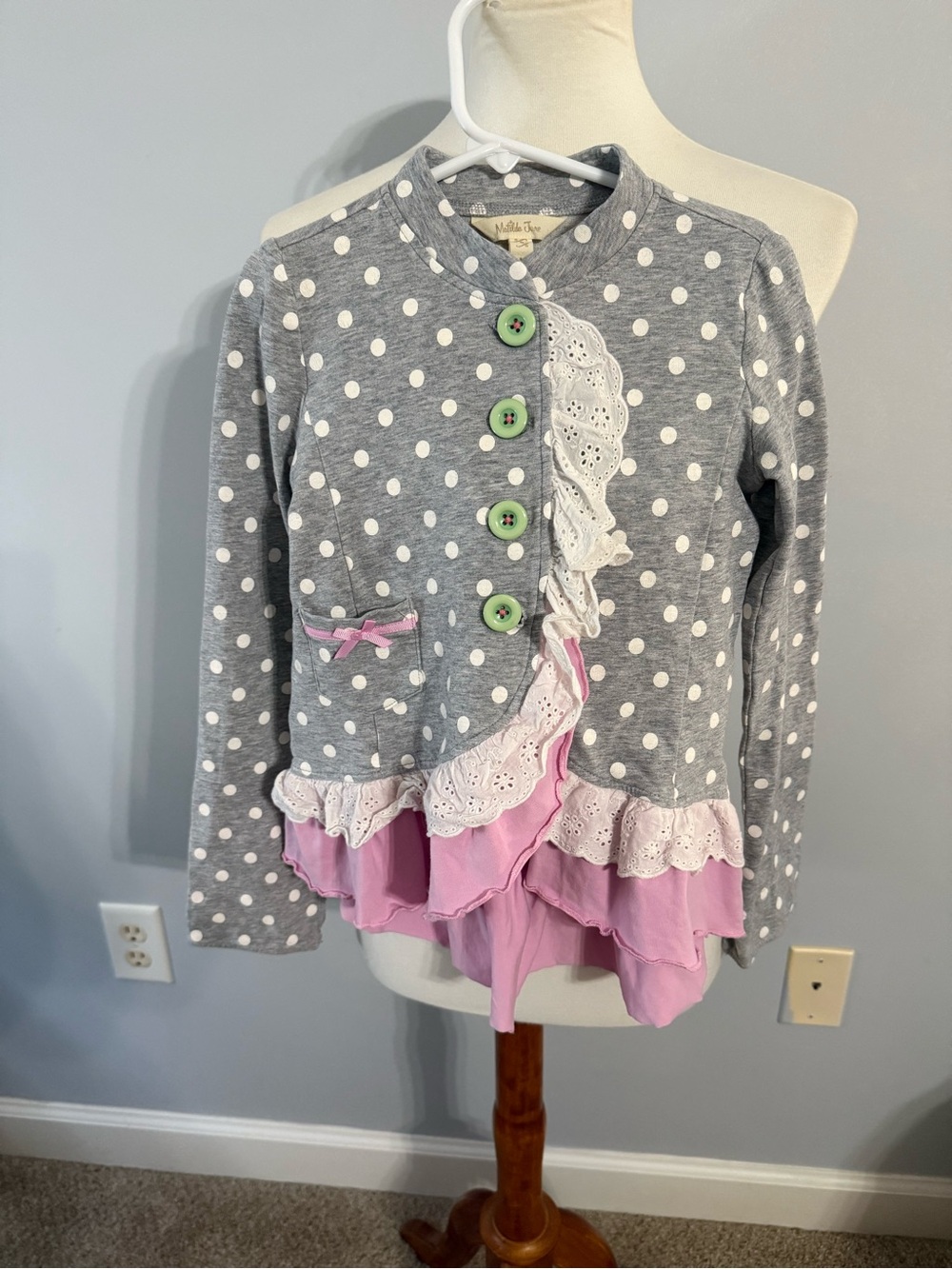 Matilda Jane Gray Polka Dot Top with Pink Eyelet Ruffle